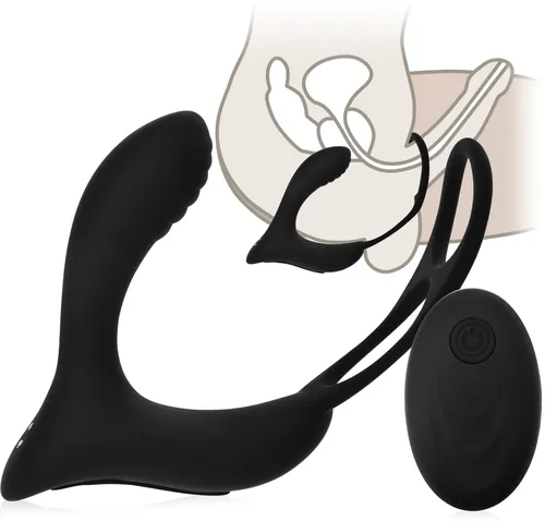 Luksusowy masażer prostaty z pierścieniem erekcyjnym na penisa i jądra - 10 funkcji + pilot - 73044023