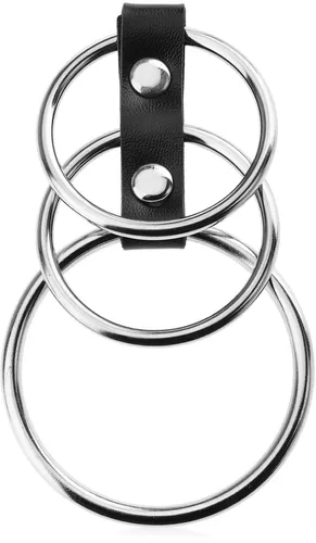 Trzy metalowe pierścienie erekcyjne potrójny ring na penisa ze skórzanym paskiem - 73126619