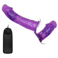 Fioletowy dwustronny strap-on z wibracjami dwa penisy 10 cm + 18 cm - 77970723 - 2