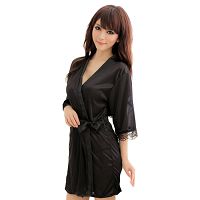 Seksowny satynowy szlafrok wraz ze stringami - czarny- 84282408 - 4