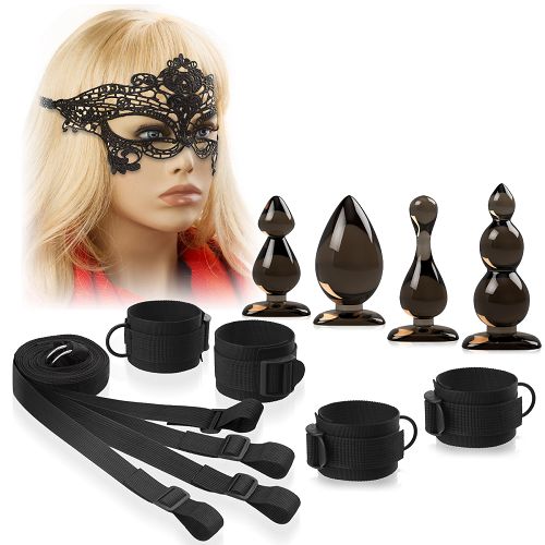 Zestaw BDSM dla par - kajdanki, maska koronkowa, 4 korki analne - 73076582