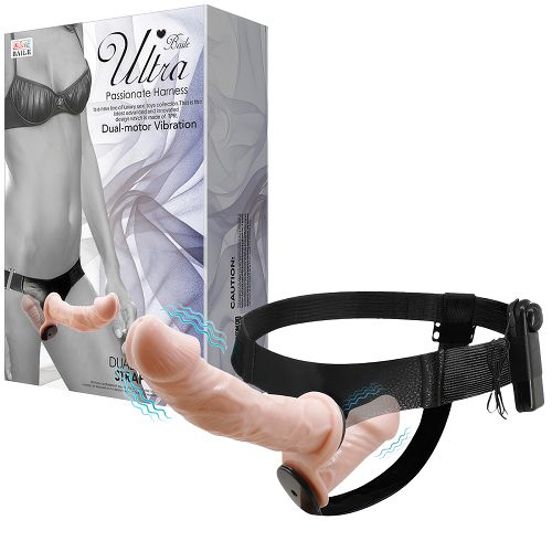 Cielisty dwustronny strap-on z wibracjami dwa penisy 10 cm + 18 cm - 70636320