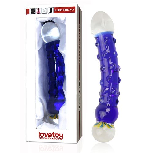 Niebieskie szklane dildo z wypustkami i zdobieniem 16 cm - 76274108