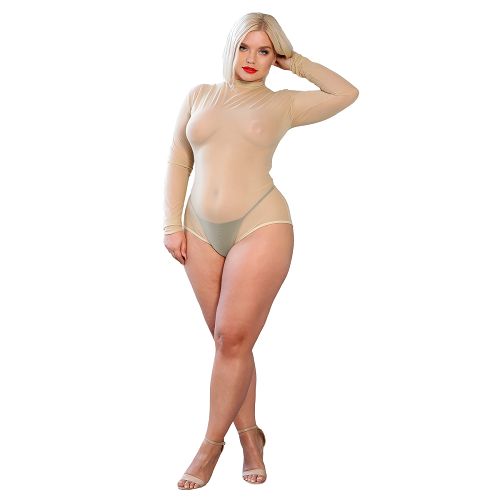 Zmysłowe półprzezroczyste beżowe body z zamkiem plus size - 72232319