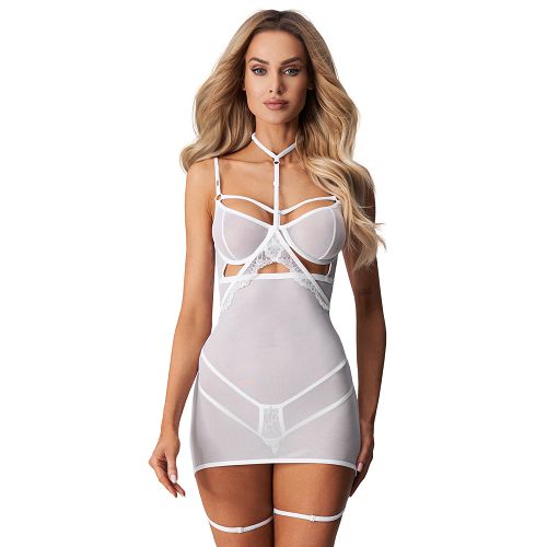 Obsessive Arrowel biała koszulka + choker i pasy na uda - 76402025