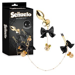 Zestaw korek analny + zaciski na sutki z czarnymi wstążkami - 77956562