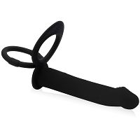 Czarne smukłe dildo strap-on z pierścieniami na penisa i jądra - 73258243 - 3