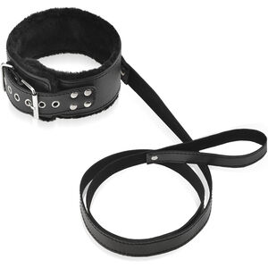Skórzana obroża z futerkiem zestaw bdsm ze smyczą - 75304855