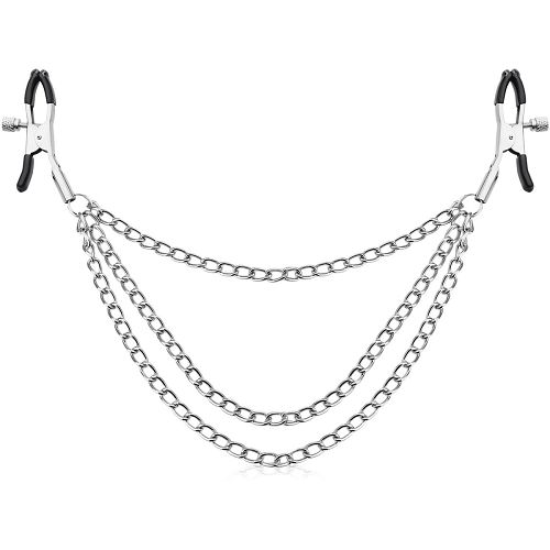 Metalowe zaciski - kleszczyki na sutki połączone potrójnym łańcuszkiem - 87543383