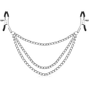 Metalowe zaciski - kleszczyki na sutki połączone potrójnym łańcuszkiem - 87543383