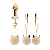 Zestaw korek analny z białym pomponem + zaciski na sutki - 74154152 - 2