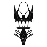 Obsessive Keira Lise czarne body z paskami bielizna wet look - 79488815 - 7