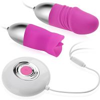 Podwójny masturbator pochwy i łechtaczki jajko penis + masażer z języczkiem - 78361202 - 2