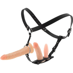 Strap-on do potrójnej penetracji regulowany pas z dwoma sztucznymi penisami i korkiem analnym - 71787700