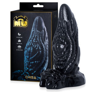Czarne grube dildo fantasy ze żłobieniami 19 cm z przyssawką - 74597725
