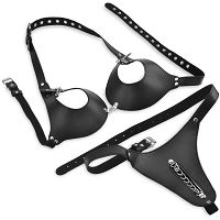 Skórzany komplet bdsm biustonosz z odkrytym biustem + stringi z łańcuszkiem - 78728583 - 2