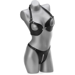 SKÓRZANY KOMPLET BDSM BIUSTONOSZ Z ODKRYTYM BIUSTEM + STRINGI Z ŁAŃCUSZKIEM - 78728583