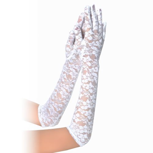 Koronkowe białe rękawiczki z kwiatowym motywem 41 cm - 71412880