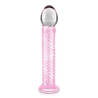 Szklane dildo różowe gładkie ze żłobieniami 19 cm - 79354882 - 2