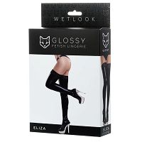 Seksowne czarne pończochy z koronką Glossy Wetlook Eliza - 78770070 - 3