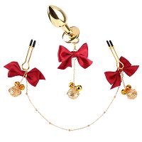 Zestaw korek analny + zaciski na sutki z czerwonymi wstążkami - 79050503 - 2