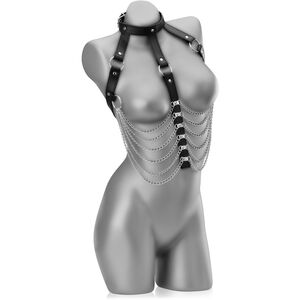 SEKSOWNY SKÓRZANY GORSET BDSM Z OBROŻĄ I ŁAŃCUSZKAMI - 65578893