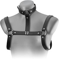 Skórzana uprząż unisex bdsm na klatkę piersiową regulowane pasy z obrożą - 70504350 - 2
